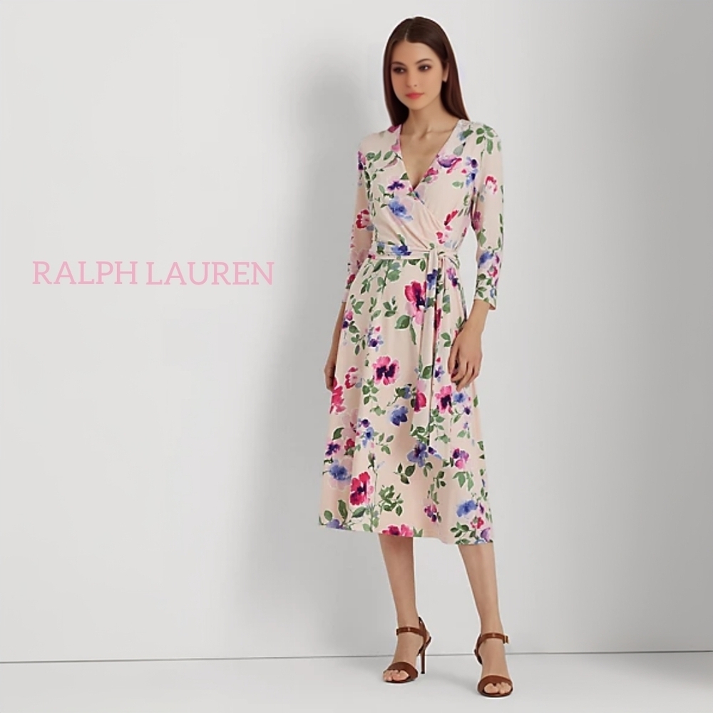 Ralph Lauren Cream Floral Wrap Midi Dress